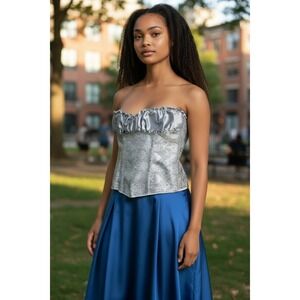 Womens Shiny Silver Regency Strapless Corset Zipper Bustier Top Renaissance XL